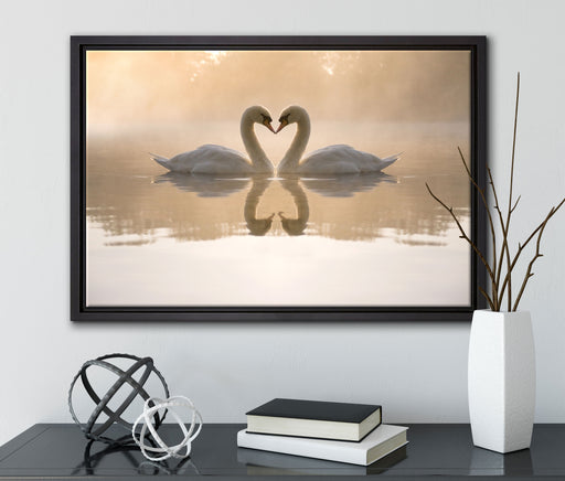 Schwäne im Morgengrauen auf Leinwandbild gerahmt mit Kirschblüten