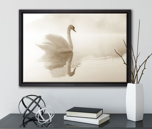 Schwan im Morgennebel auf Leinwandbild gerahmt mit Kirschblüten