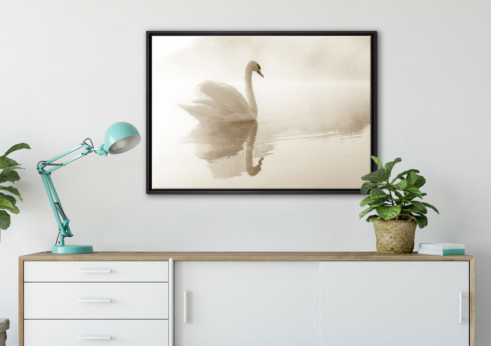 Schwan im Morgennebel auf Leinwandbild gerahmt verschiedene Größen im Wohnzimmer