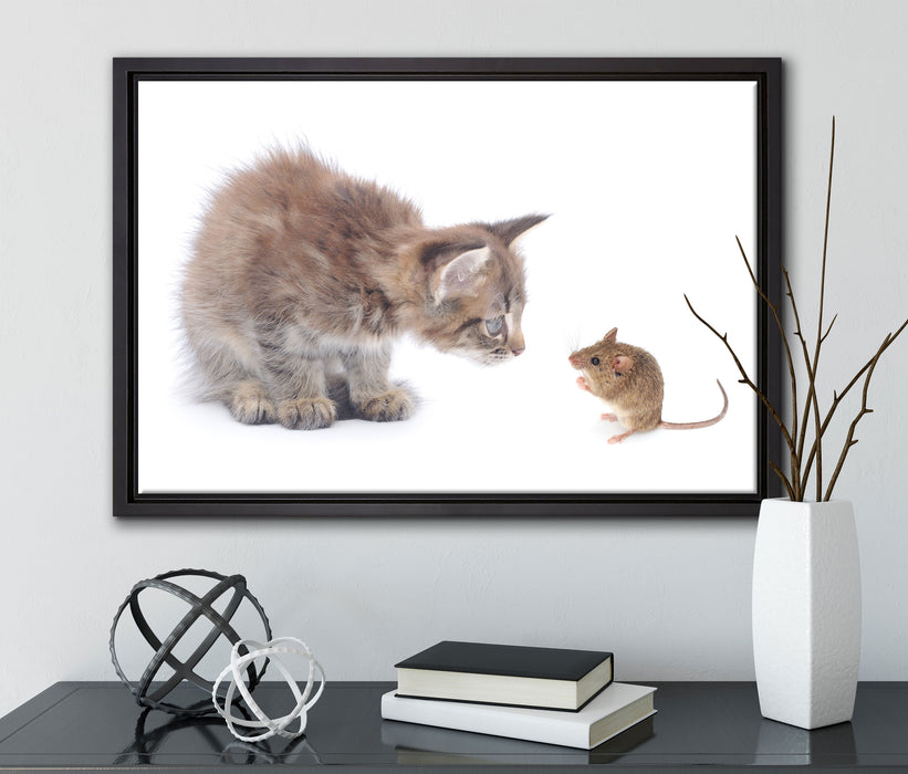 Katze und Maus Freunde auf Leinwandbild gerahmt mit Kirschblüten