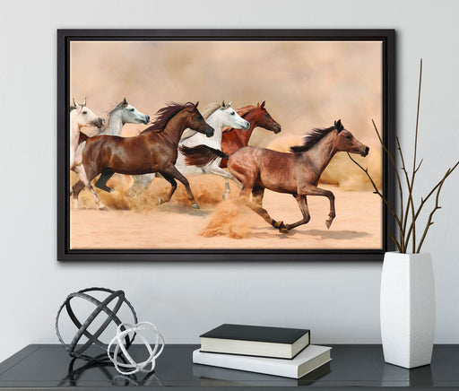 Western Pferde in Wüste auf Leinwandbild gerahmt mit Kirschblüten