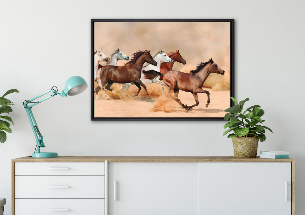 Western Pferde in Wüste auf Leinwandbild gerahmt verschiedene Größen im Wohnzimmer