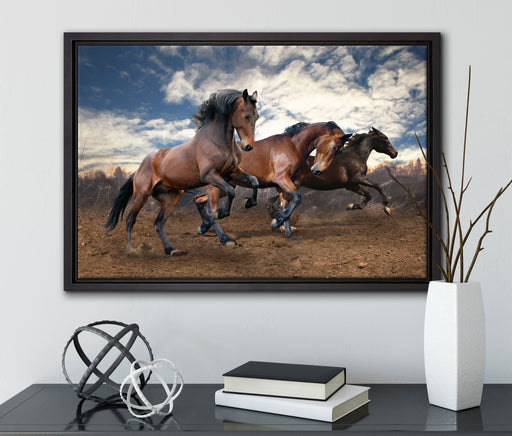 Wilde freie Pferde auf Leinwandbild gerahmt mit Kirschblüten