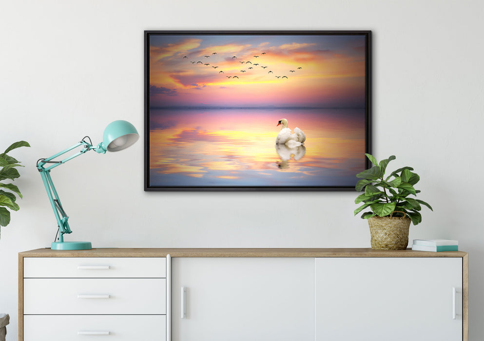 Schwan bei Sonnenuntergang auf Leinwandbild gerahmt verschiedene Größen im Wohnzimmer