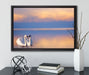 Schwäne in Abenddämmerung auf Leinwandbild gerahmt mit Kirschblüten