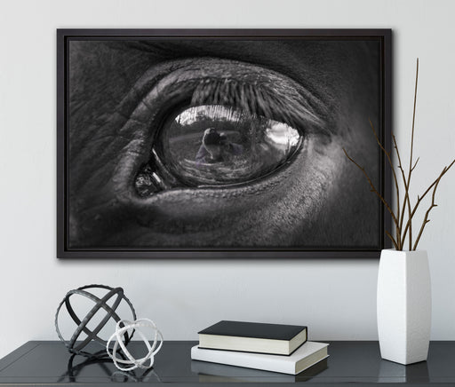 Auge schwarzer Hengst schwarz weiß auf Leinwandbild gerahmt mit Kirschblüten