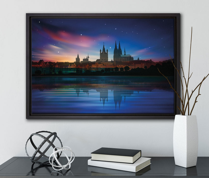 Polarlichter Skyline Köln auf Leinwandbild gerahmt mit Kirschblüten