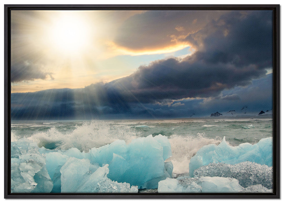 Blaues Polareis im Sonnenschein auf Leinwandbild gerahmt Größe 100x70