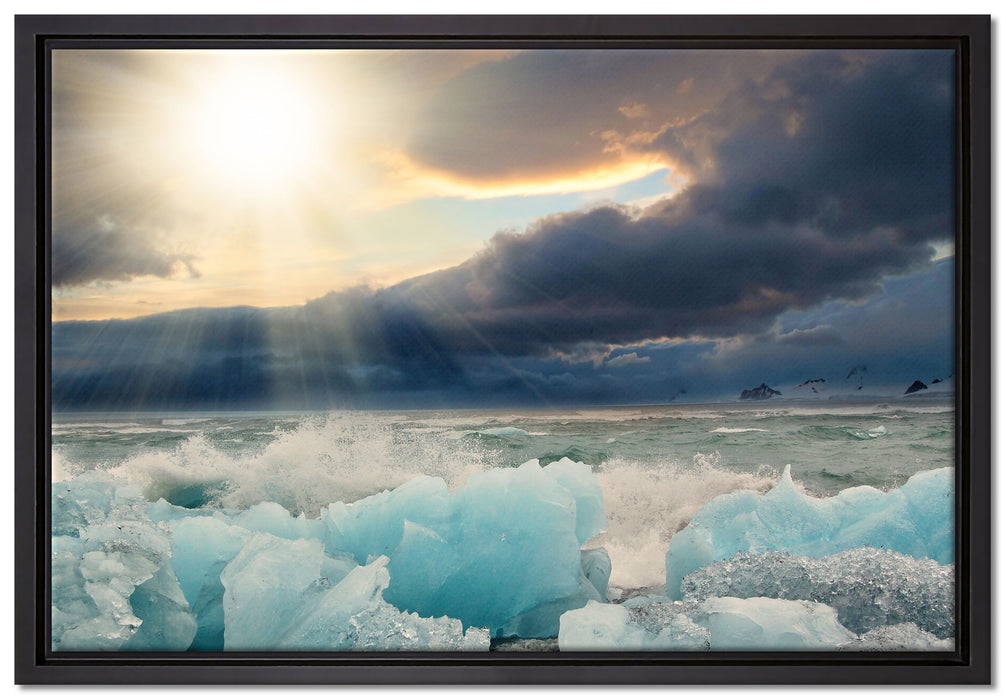 Blaues Polareis im Sonnenschein auf Leinwandbild gerahmt Größe 60x40