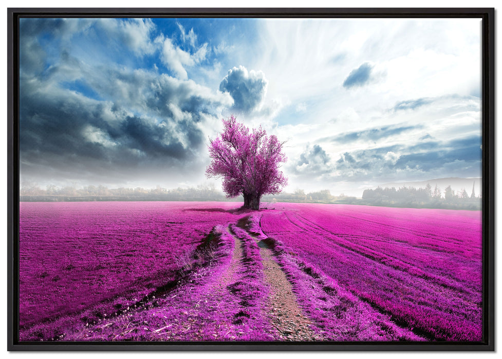 Pinkes Feld mit pinkem Baum auf Leinwandbild gerahmt Größe 100x70