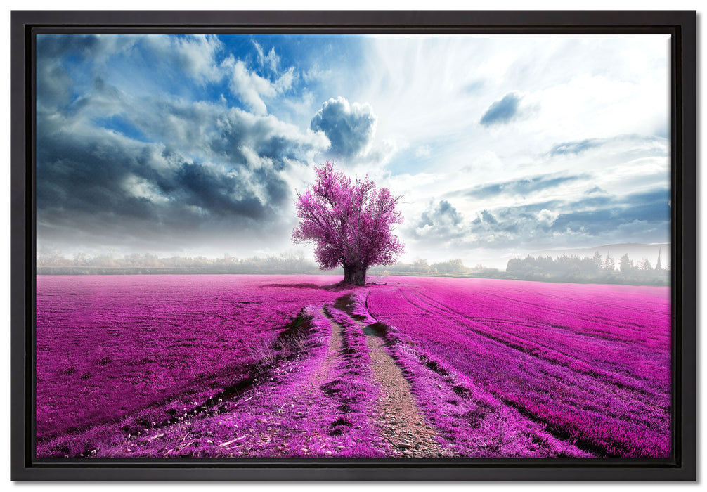 Pinkes Feld mit pinkem Baum auf Leinwandbild gerahmt Größe 60x40