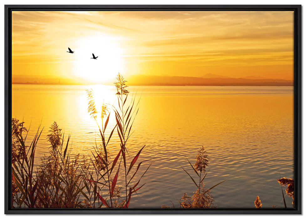 Sonnenuntergang am See auf Leinwandbild gerahmt Größe 100x70