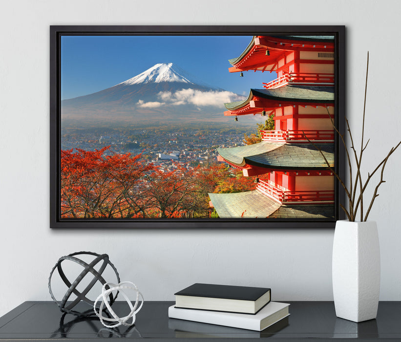 Tempel am Fudschijama Japan auf Leinwandbild gerahmt mit Kirschblüten