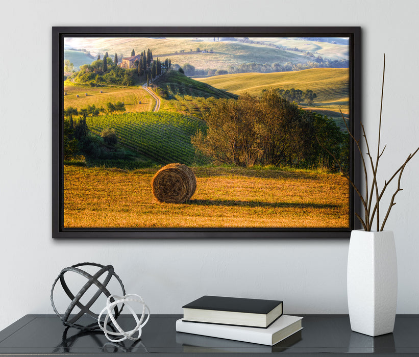 Italienische Toskana Landschaft auf Leinwandbild gerahmt mit Kirschblüten