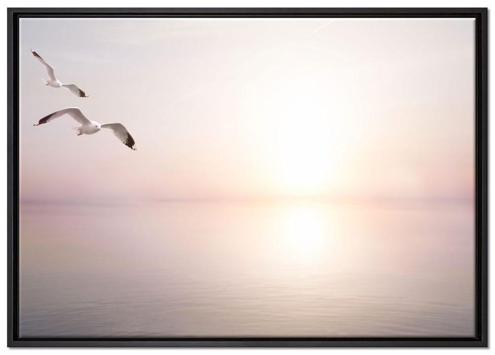 Möwen am Meer bei Sonnenaufgang auf Leinwandbild gerahmt Größe 100x70