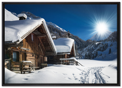 Verschneite Alpenhütte auf Leinwandbild gerahmt Größe 100x70