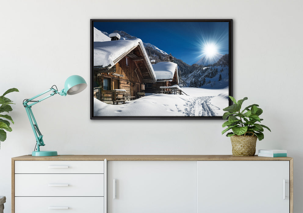 Verschneite Alpenhütte auf Leinwandbild gerahmt verschiedene Größen im Wohnzimmer