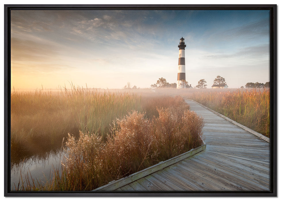 Leuchtturm im Nebel auf Leinwandbild gerahmt Größe 100x70