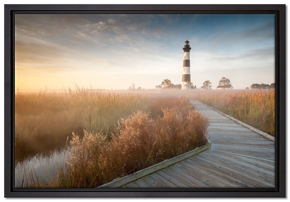 Leuchtturm im Nebel auf Leinwandbild gerahmt Größe 60x40