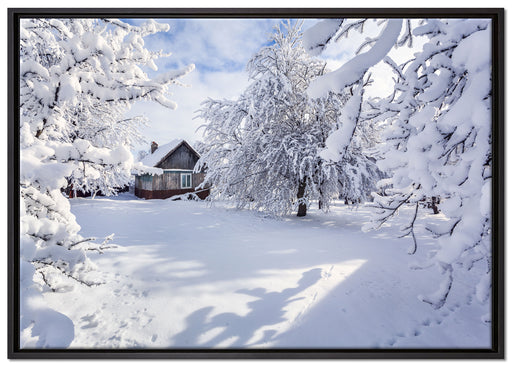 Winterlandschaft mit Hütte auf Leinwandbild gerahmt Größe 100x70