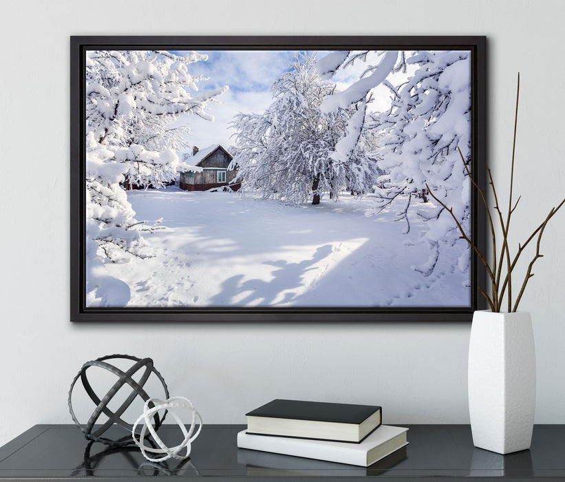 Winterlandschaft mit Hütte auf Leinwandbild gerahmt mit Kirschblüten