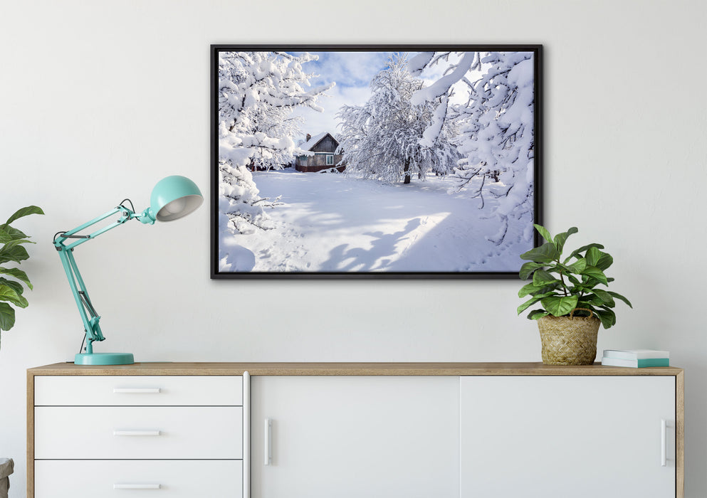 Winterlandschaft mit Hütte auf Leinwandbild gerahmt verschiedene Größen im Wohnzimmer