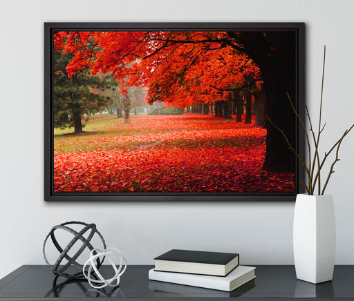 Rot gefärbter Park im Herbst auf Leinwandbild gerahmt mit Kirschblüten