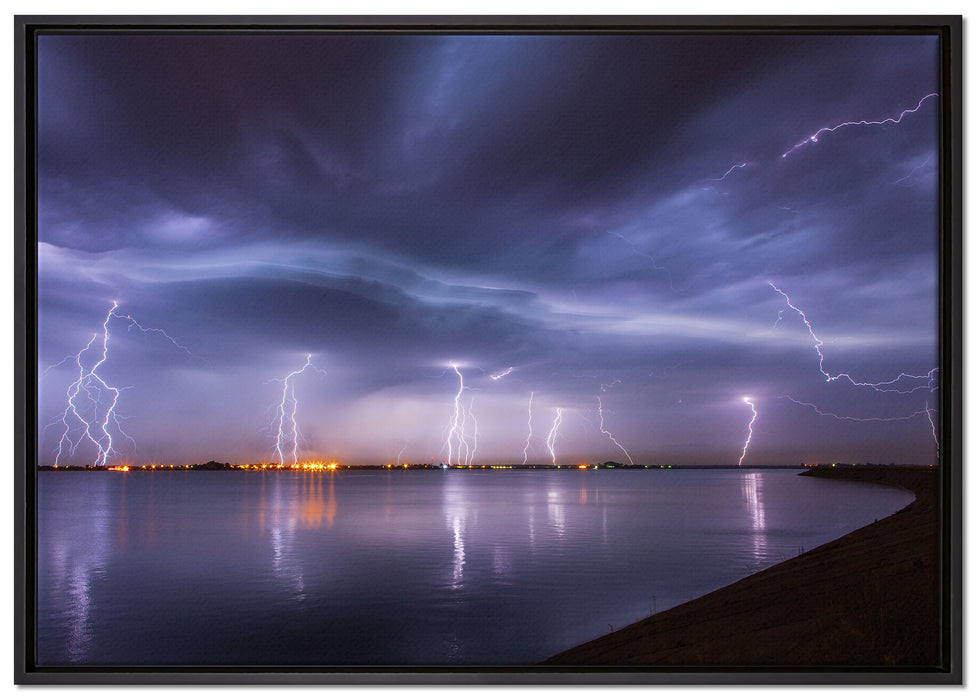 Blitzeinschläge über Stadt auf Leinwandbild gerahmt Größe 100x70