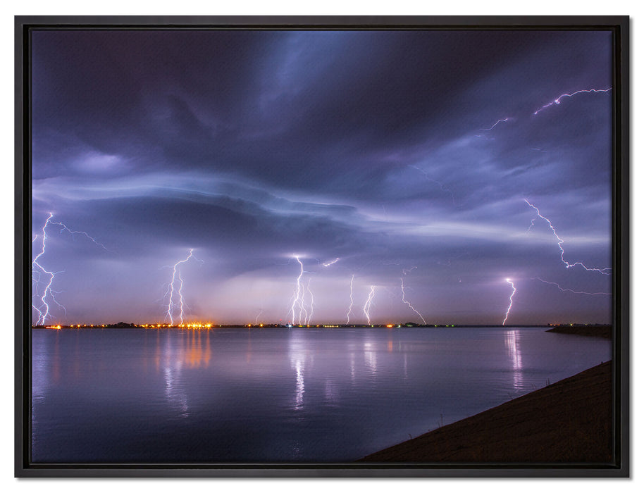 Blitzeinschläge über Stadt auf Leinwandbild gerahmt Größe 80x60