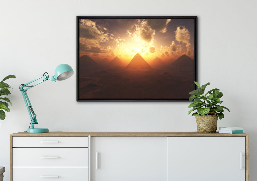 Pyramiden beim Sonnenuntergang auf Leinwandbild gerahmt verschiedene Größen im Wohnzimmer