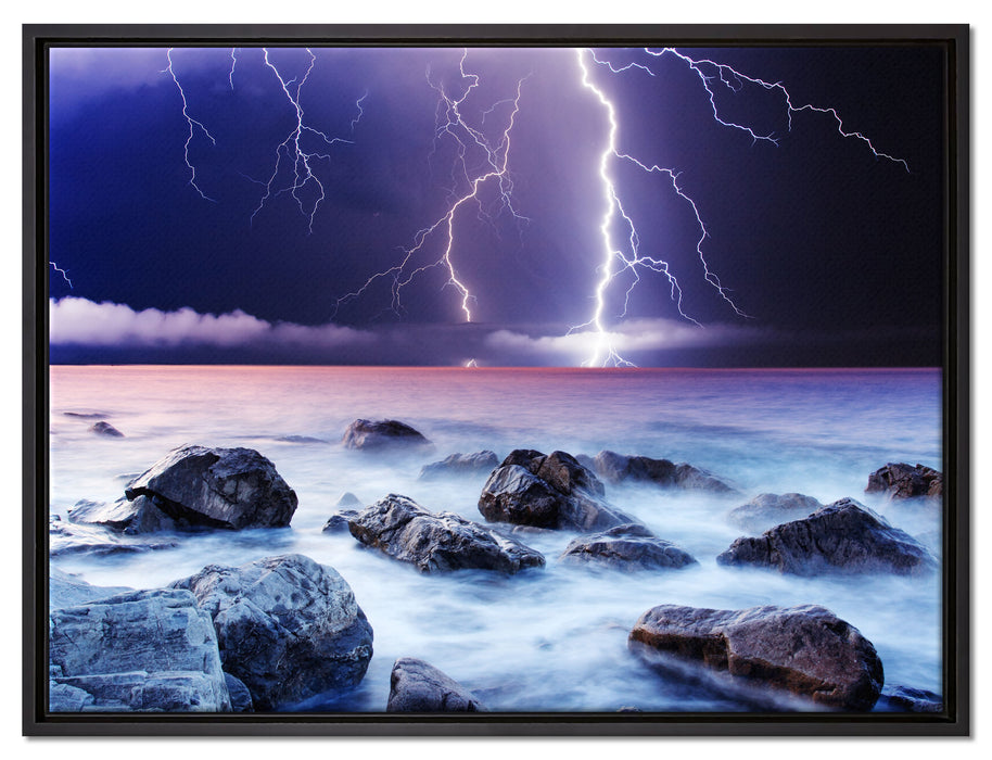 Blitzeinschlag in Meer auf Leinwandbild gerahmt Größe 80x60