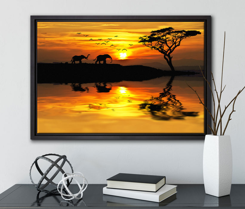 Elefanten in Afrikanischer Steppe auf Leinwandbild gerahmt mit Kirschblüten