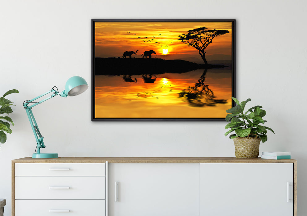 Elefanten in Afrikanischer Steppe auf Leinwandbild gerahmt verschiedene Größen im Wohnzimmer