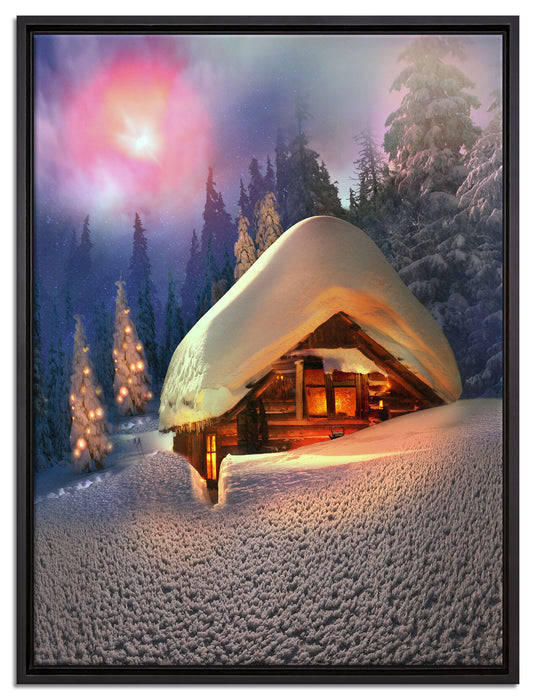 Hütte in Schneelandschaft auf Leinwandbild gerahmt Größe 80x60