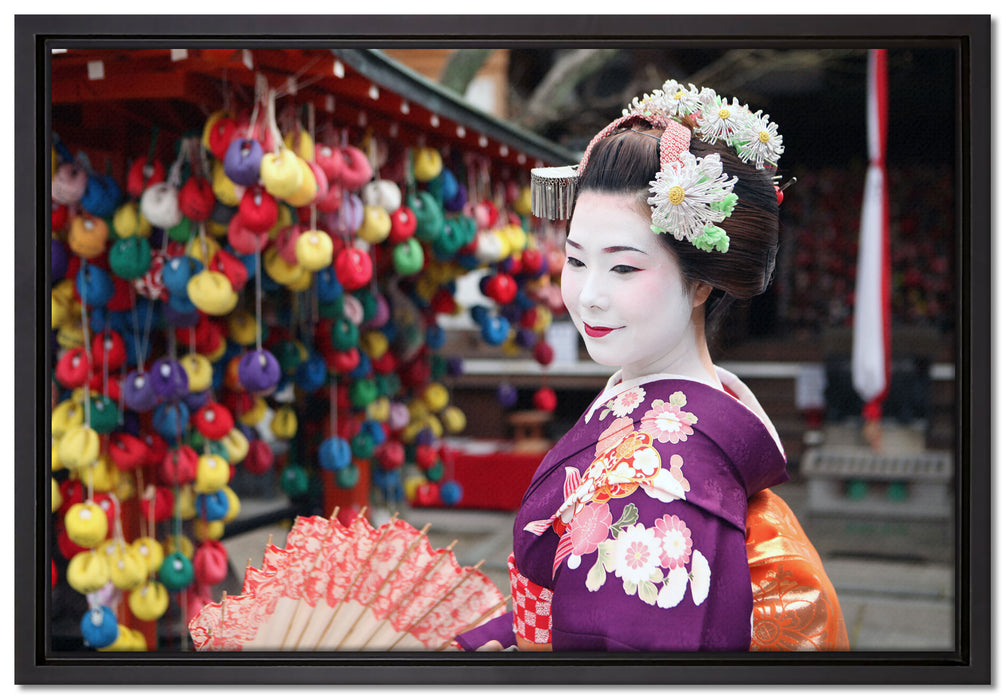 Anmutige Geisha mit Fächer auf Leinwandbild gerahmt Größe 60x40