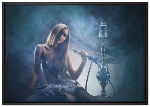 Frau mit Shisha im Nebel auf Leinwandbild gerahmt Größe 100x70