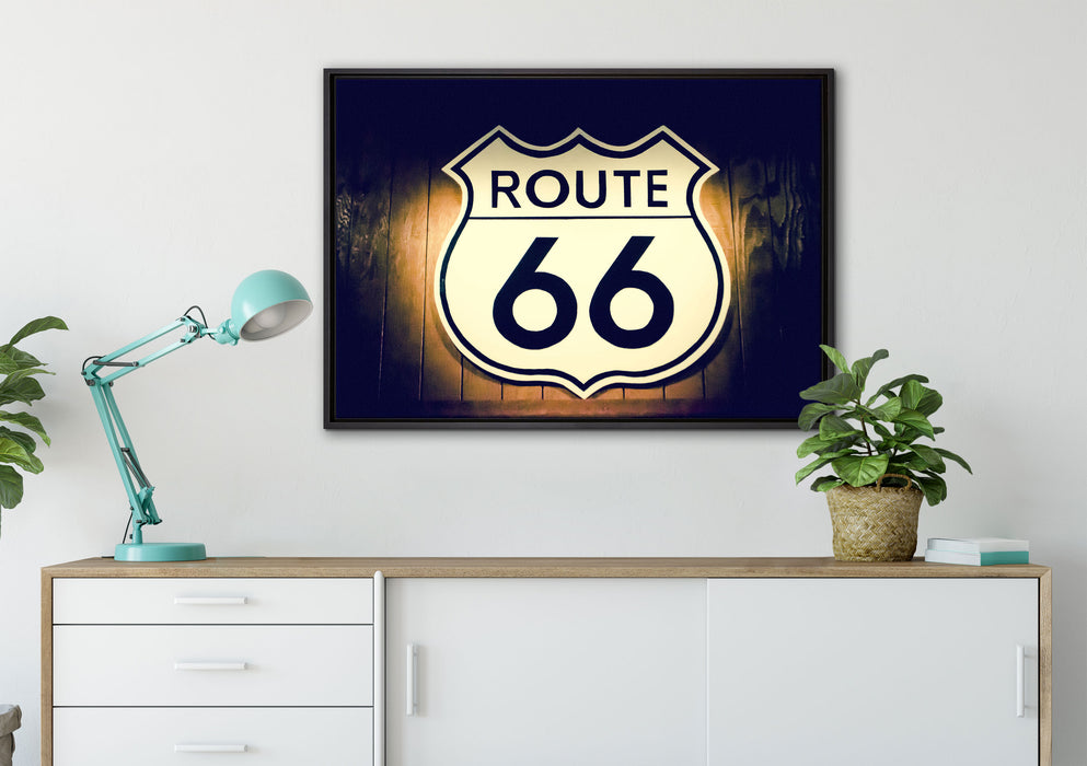 Modernes Route 66 Schild auf Leinwandbild gerahmt verschiedene Größen im Wohnzimmer