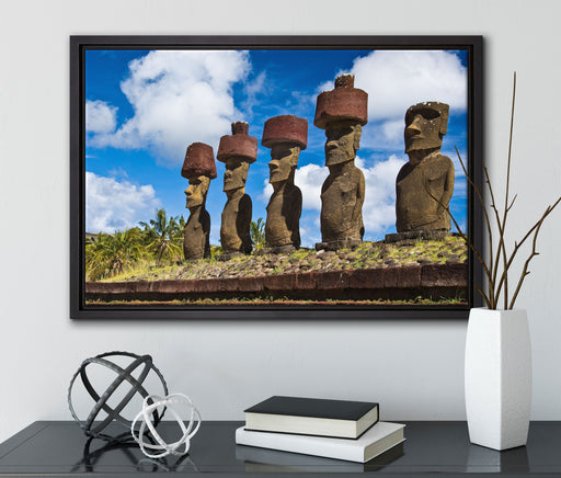 Moai Statuen Osterinseln auf Leinwandbild gerahmt mit Kirschblüten
