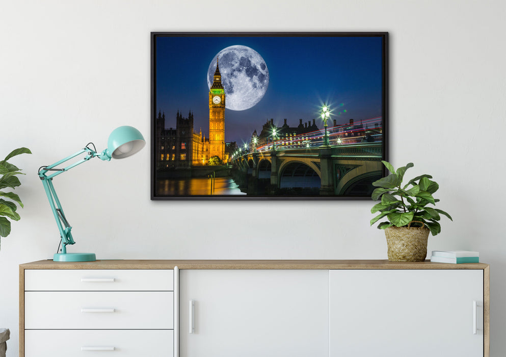 Big Ben vor Mond in London auf Leinwandbild gerahmt verschiedene Größen im Wohnzimmer