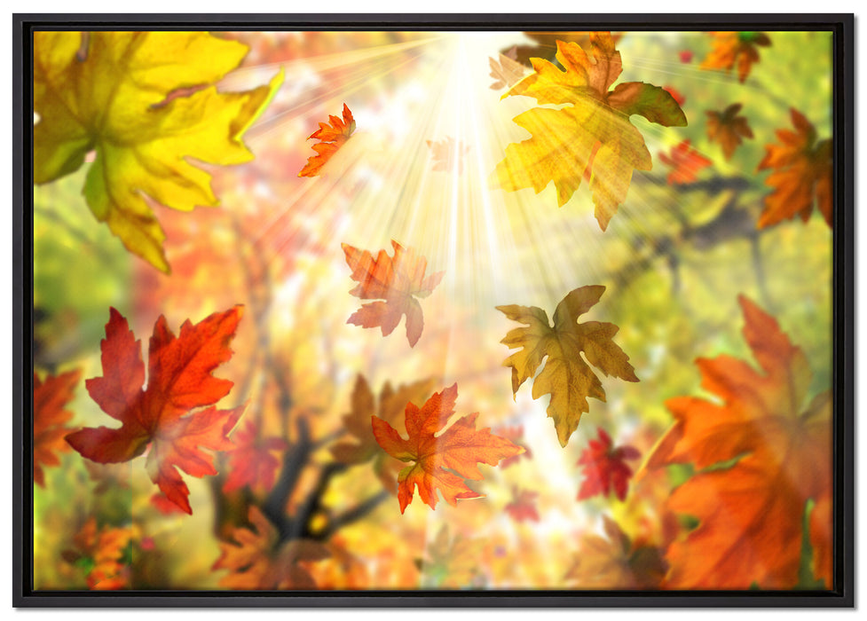 Fliegende bunte Herbstblätter auf Leinwandbild gerahmt Größe 100x70