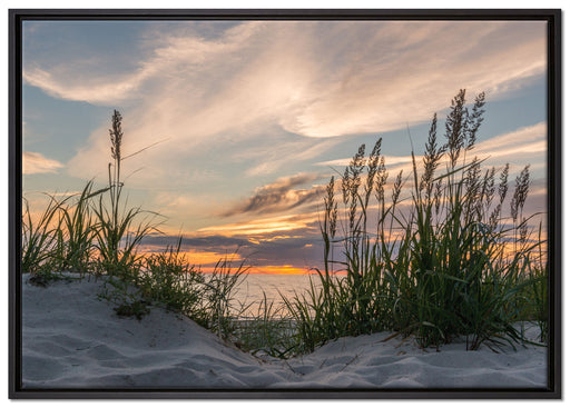 Gras am Strand bei Sonnenuntergang auf Leinwandbild gerahmt Größe 100x70