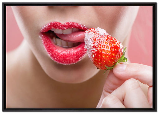 Erdbeere vor Lippen auf Leinwandbild gerahmt Größe 100x70