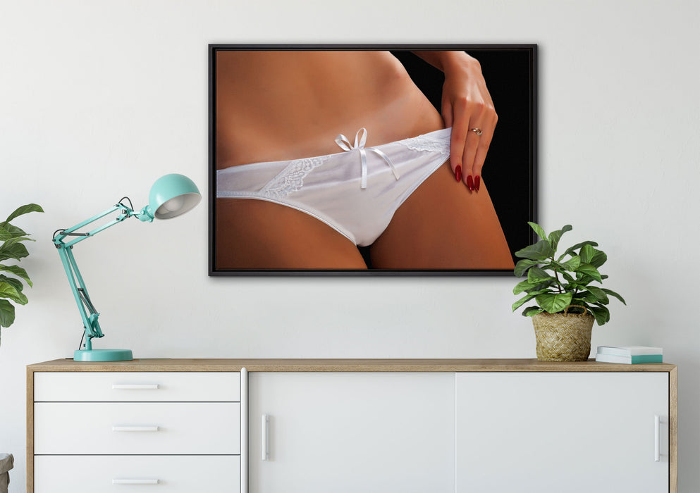 Sexy weiße Dessous auf Leinwandbild gerahmt verschiedene Größen im Wohnzimmer