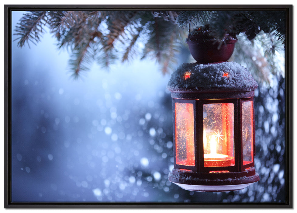 Laterne im Winter auf Leinwandbild gerahmt Größe 100x70
