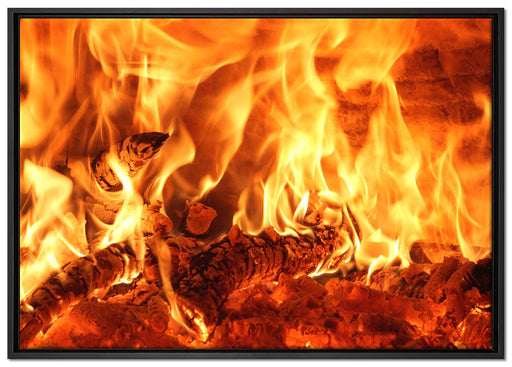 Gemütliches Holz im Feuer auf Leinwandbild gerahmt Größe 100x70