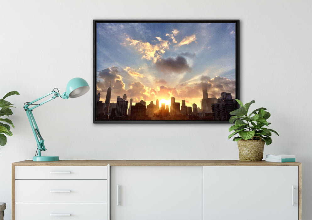 Chicago Skyline im Sonnenaufgang auf Leinwandbild gerahmt verschiedene Größen im Wohnzimmer