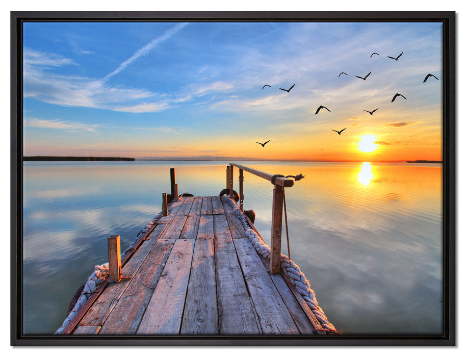 Steg mit Möwen bei Sonnenuntergang auf Leinwandbild gerahmt Größe 80x60