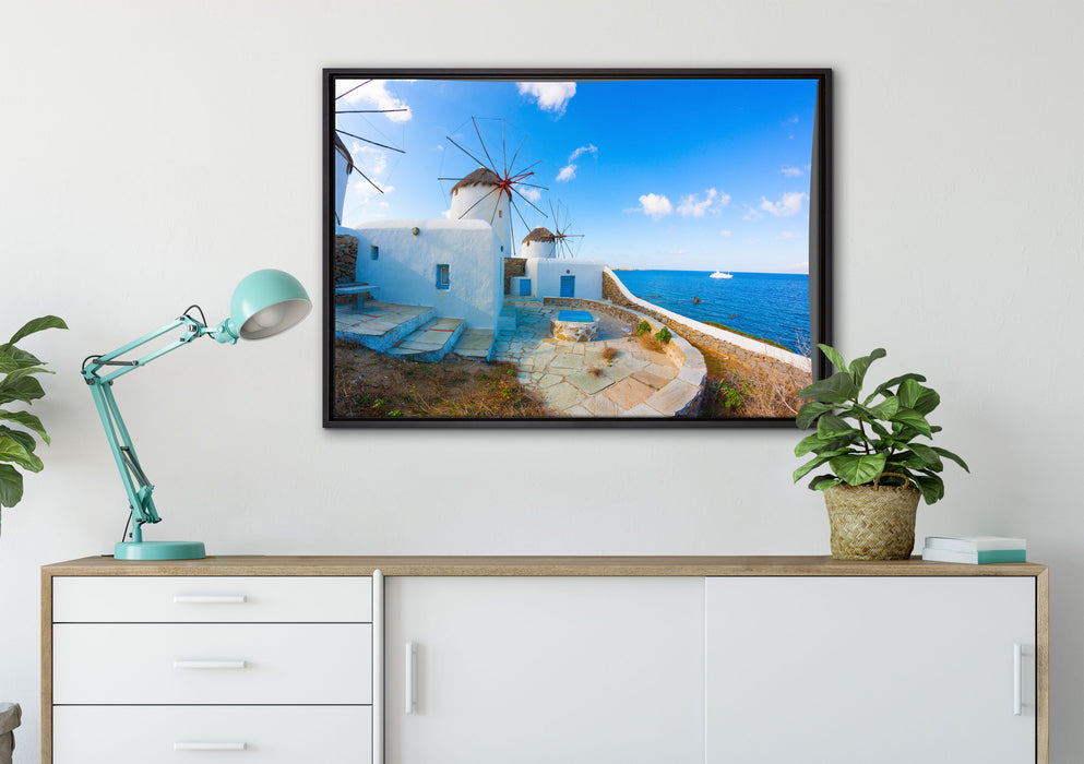 Windmühlen im Mittelmeer auf Leinwandbild gerahmt verschiedene Größen im Wohnzimmer
