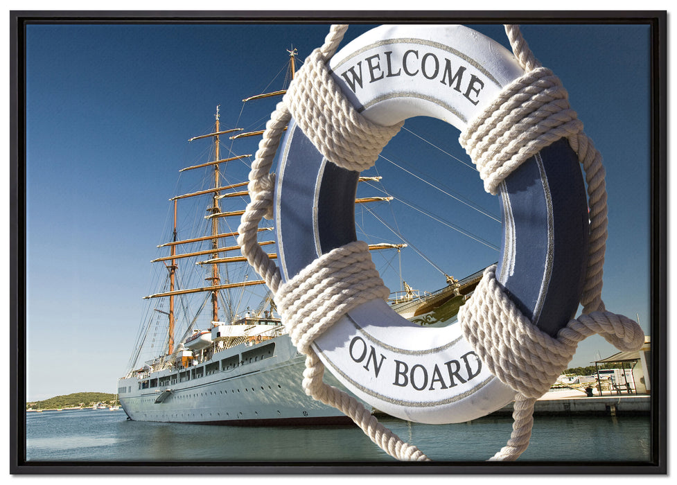 Rettungsring vor Schiff auf Leinwandbild gerahmt Größe 100x70