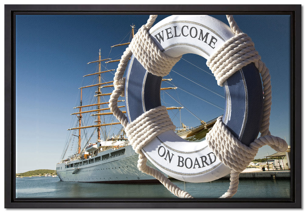 Rettungsring vor Schiff auf Leinwandbild gerahmt Größe 60x40